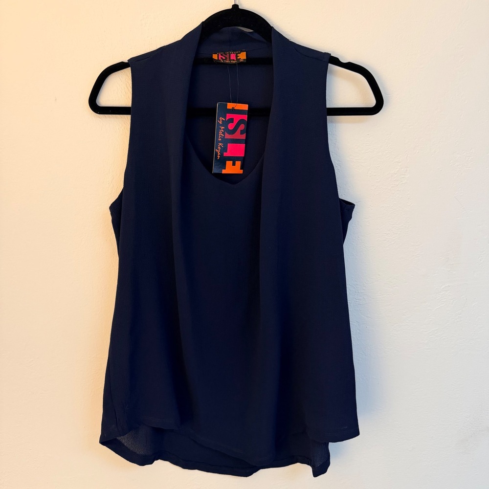 NWT ISLE by Melis Kozan Navy Layered V‎ Neck Sleeveless Top Minimalist Wmns M
